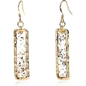 Gold Rectangle Dangle Earrings Handmade Resin with Abalone Shell Piece